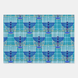 Jewish-Menorah-Pset-Cyan Inpakpapier Vel