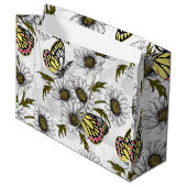 Jezebel vlinders en daisy bloemen op wit groot cadeauzakje (Voorkant Gekanteld)
