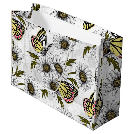 Jezebel vlinders en daisy bloemen op wit groot cadeauzakje (Voorkant Gekanteld)