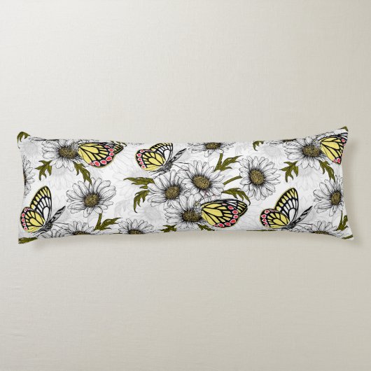 Jezebel vlinders en daisy bloemen op wit lichaamskussen (Achterkant)