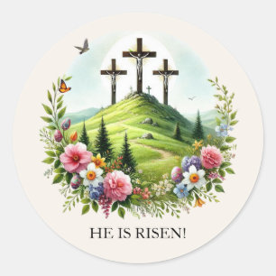 Jezus aan het Kruis Hij is Opgewekt Pasen Ronde Sticker