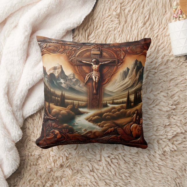 Jezus aan het kruis in een sereen berglandschap kussen (Deken)