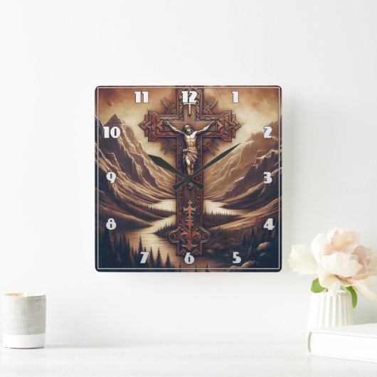 Jezus aan het kruis in het berglandschap vierkante klok (Huis)