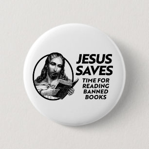 Jezus bespaart tijd voor het lezen van verboden bo ronde button 5,7 cm