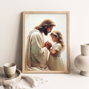 Jezus Biddend met Meisje, Christelijke Schilderkun Poster