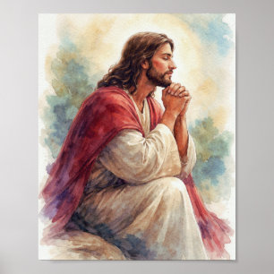 Jezus Biddend Watercolor Kunst Christelijk Geloo Poster