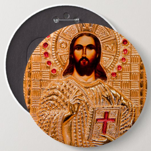 Jezus christt gouden icoon ronde button 6,0 cm (Voorkant /achterkant)