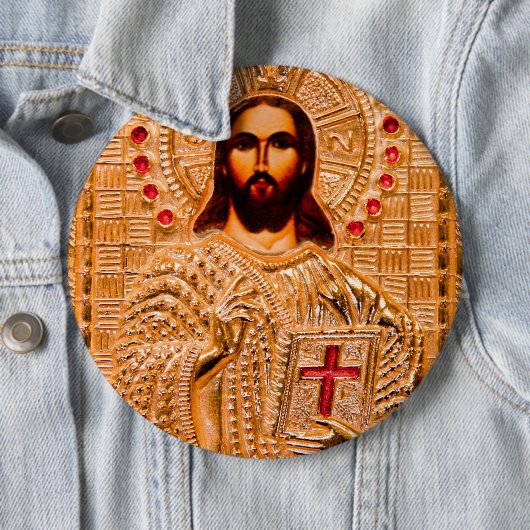 Jezus christt gouden icoon ronde button 6,0 cm (In situ)