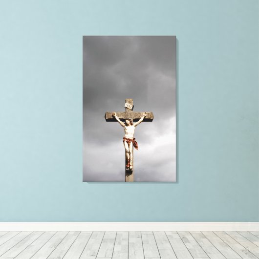Jezus Christus kruisbeeld sculptuur Canvas Afdruk (Insitu (Houten vloer))