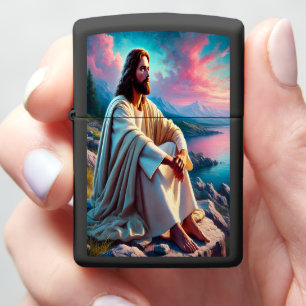 Jezus Christus nadenkend naast een zachte zeekust