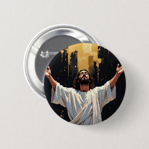 Jezus Christus Onze Redder Zwart en Goud Ronde Button 5,7 Cm