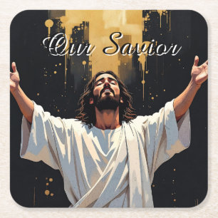 Jezus Christus Onze Redder Zwart en Goud Vierkante Kartonnen Onderzetter
