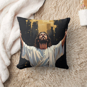 Jezus Christus Onze Verlosser Zwart en Goud Kussen