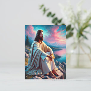 Jezus Christus reflecteert naast zachte kust Briefkaart