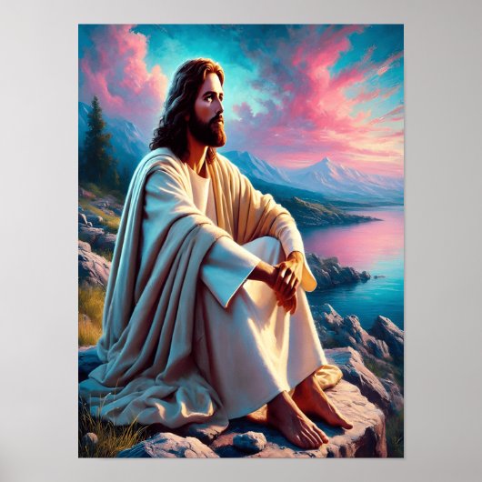 Jezus Christus reflecteert naast zachte kust Poster (Voorkant)