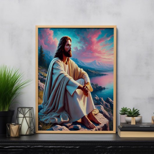 Jezus Christus reflecteert naast zachte kust Poster