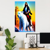 Jezus Christus rijdt met een Polar Beer | AI Art P Poster (Thuiskantoor)
