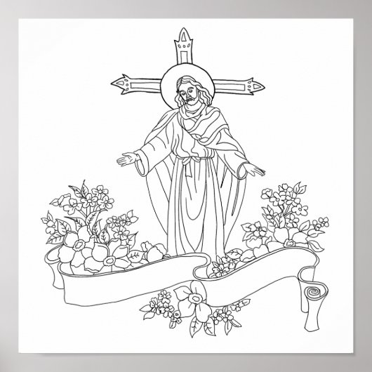 Jezus Christus scroll en bloemen kunst kleurplaat Poster (Voorkant)
