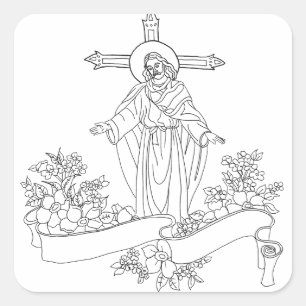 Jezus Christus scroll en bloemen kunst kleurplaat Vierkante Sticker