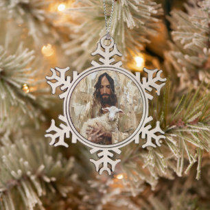 Jezus de Goede Herder met het Lam Tin Sneeuwvlok Ornament