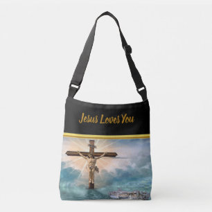 Jezus die aan een Christelijk kruisbeeld hangt Crossbody Tas