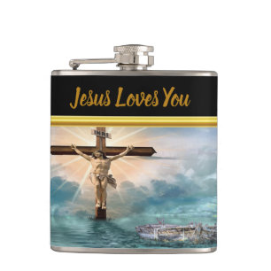 Jezus die aan een Christelijk kruisbeeld hangt Heupfles