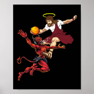 Jezus die de duivel basketballer Dunk oversteekt Poster