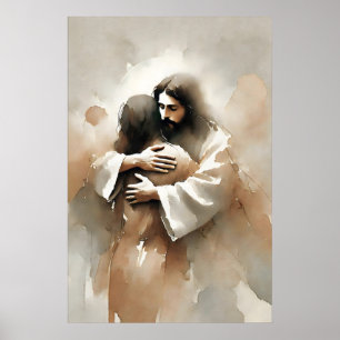 Jezus Die Een Vrouw Knuffelt Inspirerende Waterver Poster