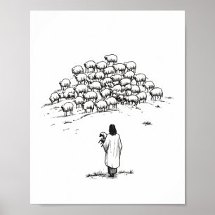 Jezus die het verloren schaap vasthoudt tussen de  poster