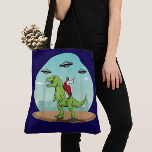 Jezus die op een dinosaurus door de buitenaardse g draagtas
