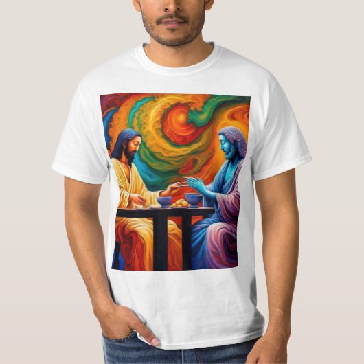 Jezus en Boeddha delen een maaltijd T-shirt (Voorkant)