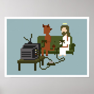 Jezus en duivel spelen videogames Pixel Art Poster