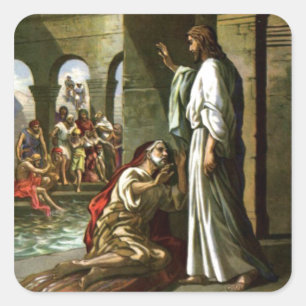 Jezus en het man bij het zwembad vierkante sticker