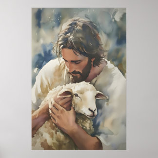 Jezus en Lam Waterverf Kunstprint Christelijk Poster