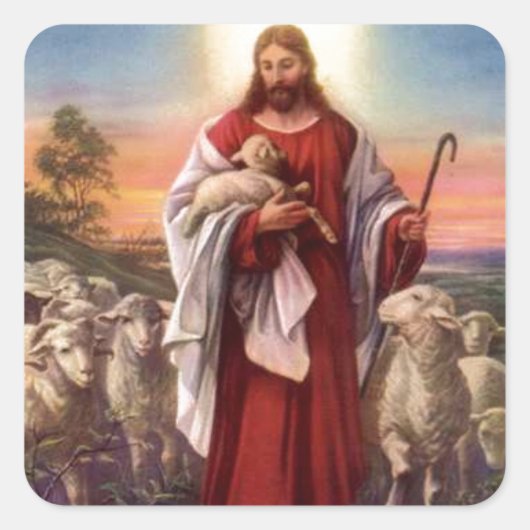 Jezus en lammeren vierkante sticker (Voorkant)