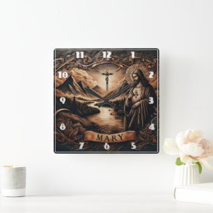 Jezus en Maria bij een rivier met bergen bij zonso Vierkante Klok