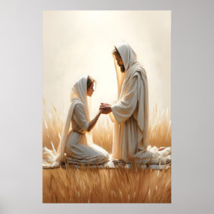 Jezus en vrouw knielend Jezus en vrouw genezing Poster
