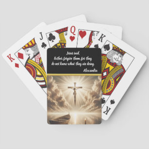 Jezus gekruisigd boven reflecterende blauwe watere pokerkaarten