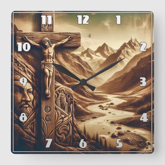 Jezus gekruisigd in berglandschap vierkante klok (Voorkant)