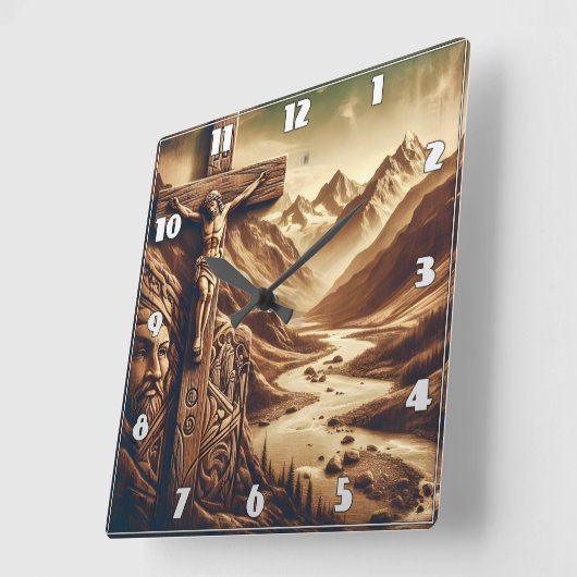 Jezus gekruisigd in berglandschap vierkante klok (Hoek)