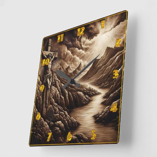 Jezus gekruisigd over berglandschap bij zonsonderg vierkante klok (Hoek)