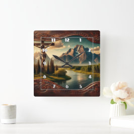 Jezus gekruisigd voor de majestueuze bergen vierkante klok