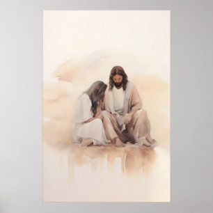 Jezus geneest de bloedende vrouw Aquarel Bijbel Poster