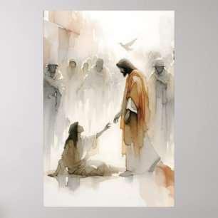 Jezus geneest de vrouw Aquarel Bijbel Mirakel Poster