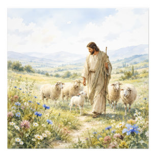 Jezus Goede Herder Wildbloem Aquarel Foto Afdruk