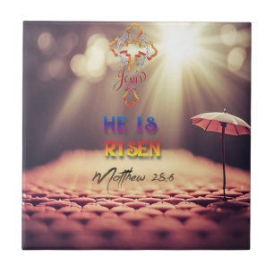 Jezus Gouden Kruis Hij is verrezen Matteüs 28:6 Tegeltje
