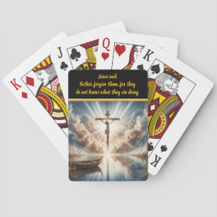 Jezus hangt boven stille reflecterende wateren pokerkaarten