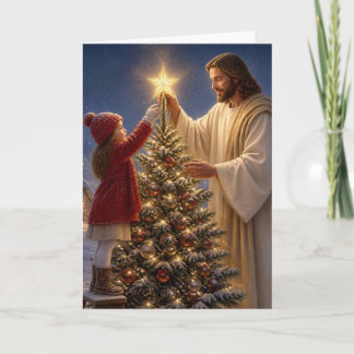 Jezus helpt klein meisje kerstboom versieren feestdagen kaart