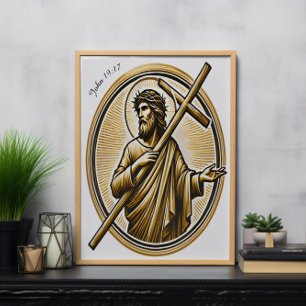 Jezus hief het gouden kruis op met liefde poster