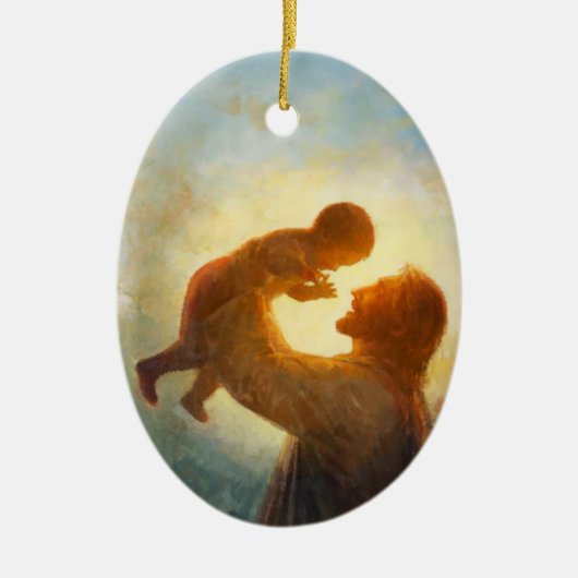 Jezus houdt baby-versiering aan keramisch ornament (Voorkant)